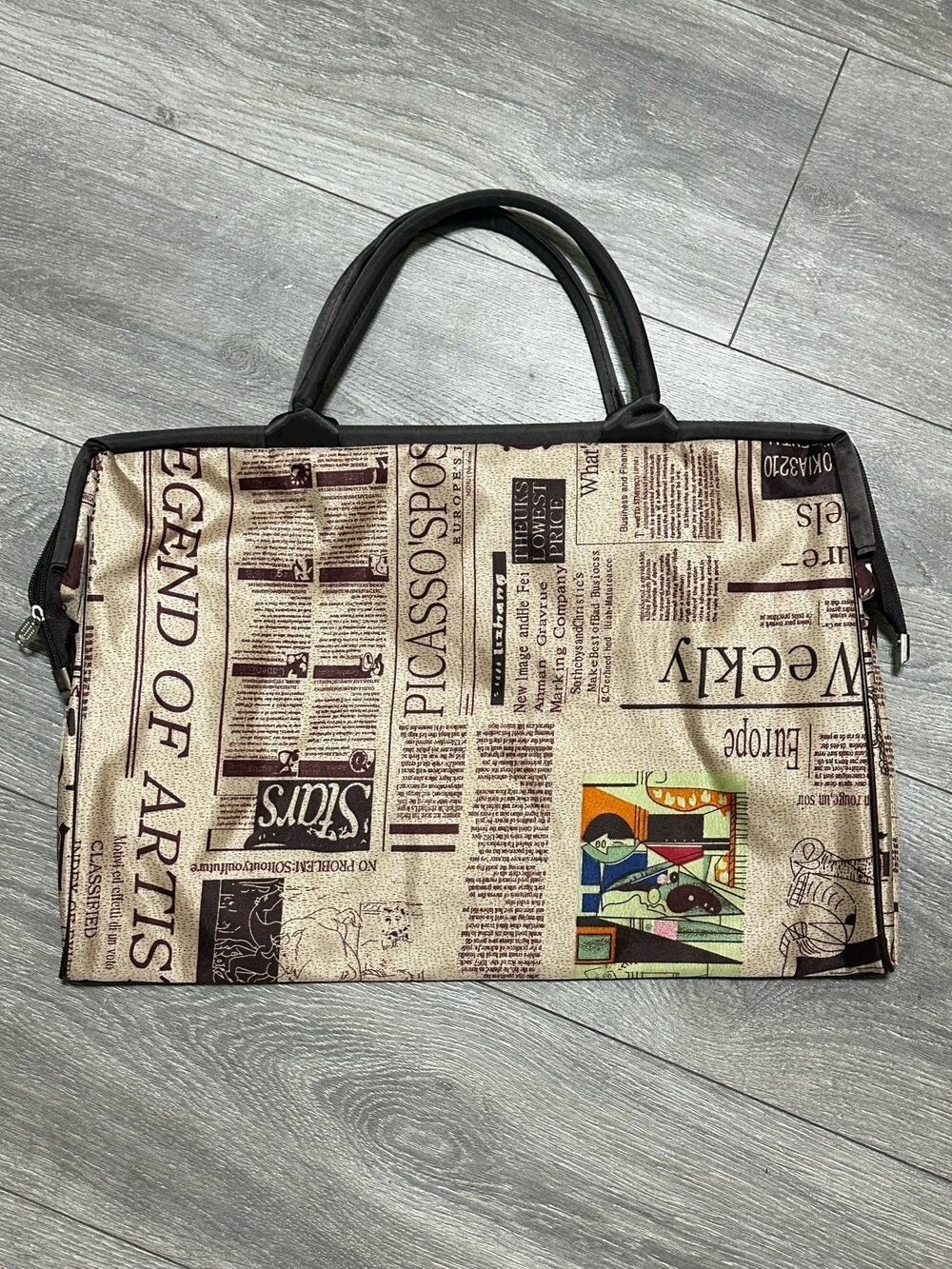 Vtg Duffel Travel Handbag Brown European Newsprint Nylon Hinged Lined Folding